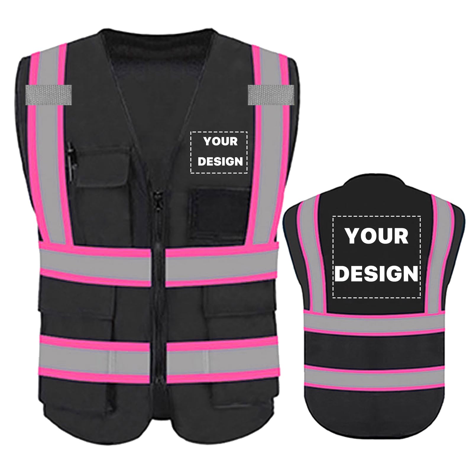 YOWESHOP High Reflective Visibility Safety Vest Custom Your Logo Safety Workwear with Reflective Strips and Front Zipper?Black-Pink Webbding 2XL