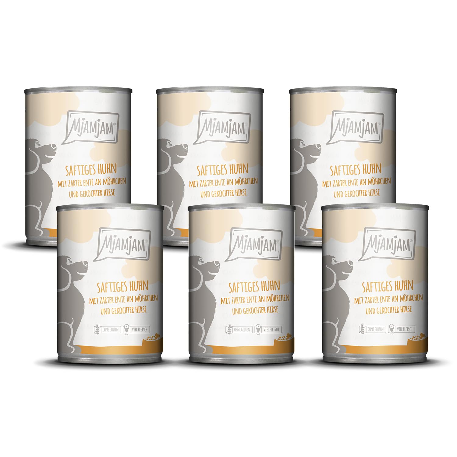 MjAMjAM - premium wet food for dogs - juicy chicken with tender duck on carrots and boiled millet, pack of 6 (6 x 400 g), grain-free with extra meat