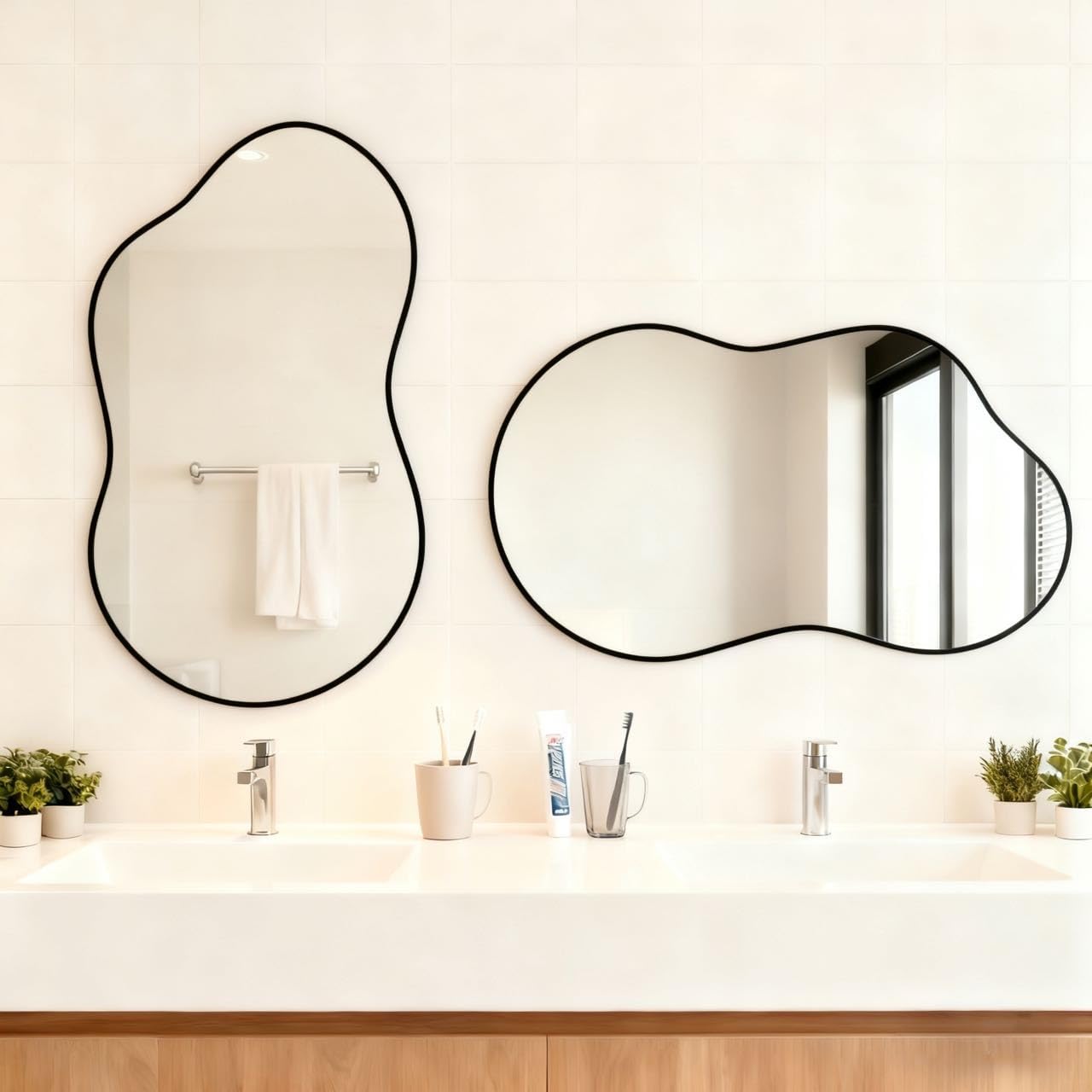 Itrue 26×46 Inch Irregular Wall Mirror, Brushed Black Metal Frame Asymmetrical Bathroom Vanity Mirror, Silver-Backed HD Tempered Glass Mirror for Over Sink, Living Room, Entryway