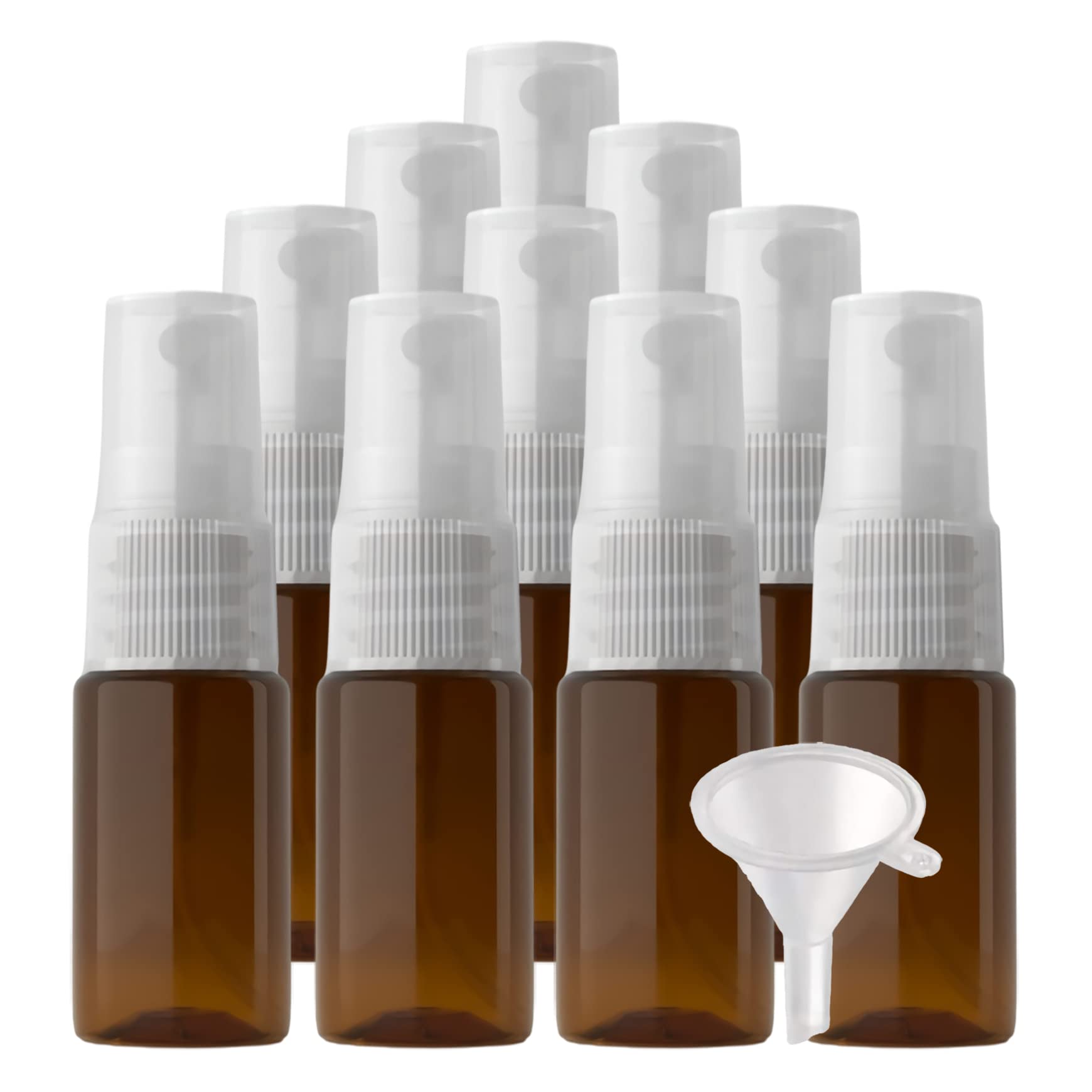 TIANZD 96 Stück Klein Leere Braun 10 ml Kunststoff Sprühflasche mit Transparent Zerstäuber Flasche, 10ml Feinen Nebel Pumpzerstäuber Parfümzerstäuber Zerstäuberflasche Reise Flakons, 4x Trichter