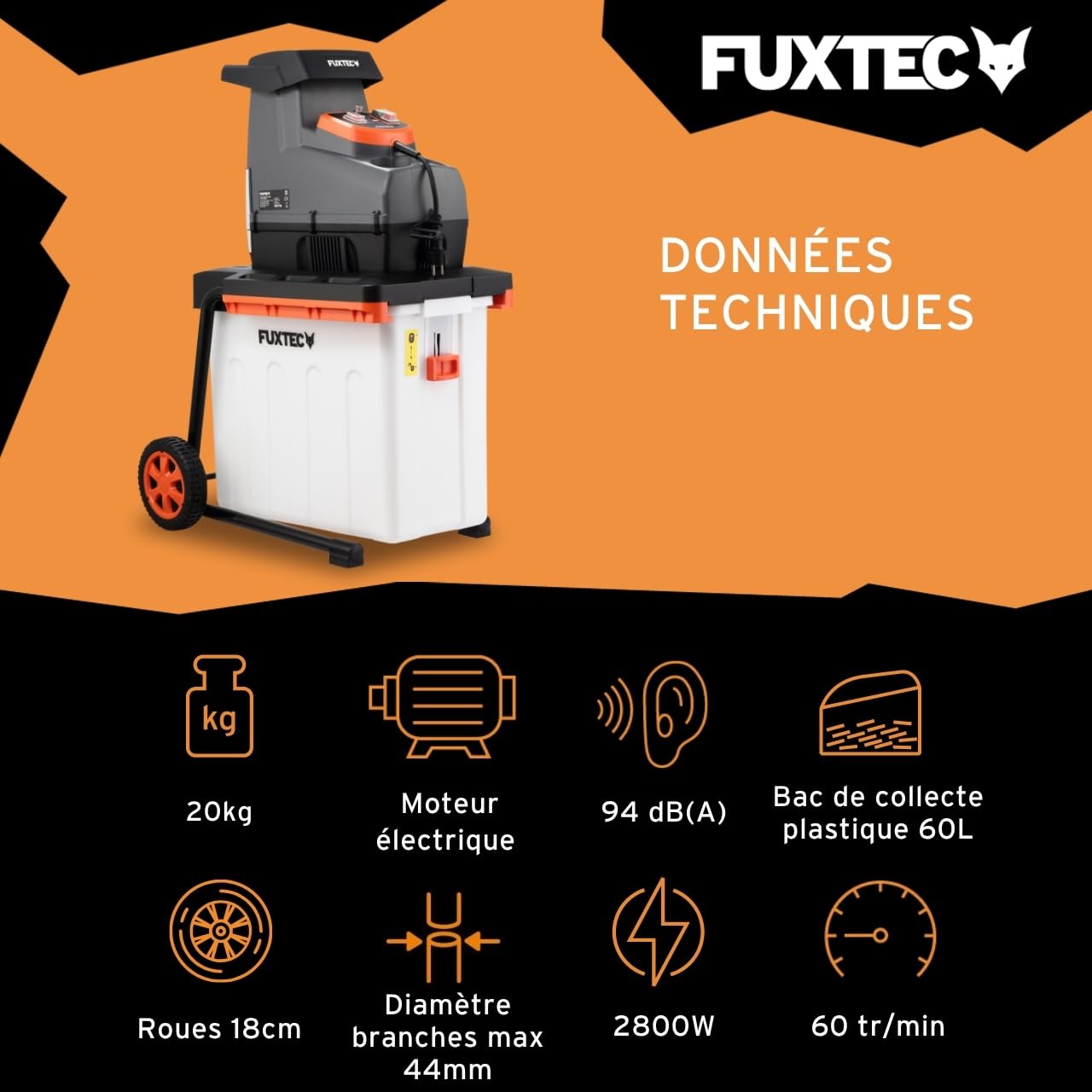 FUXTEC Broyeur de végétaux électrique FX-EGH2800B – 2800 W, système de Coupe à Rouleaux Silencieux – Bac 60 L, Coupe Jusqu’à 44 mm, Marche Avant/arrière, Protection IPX4