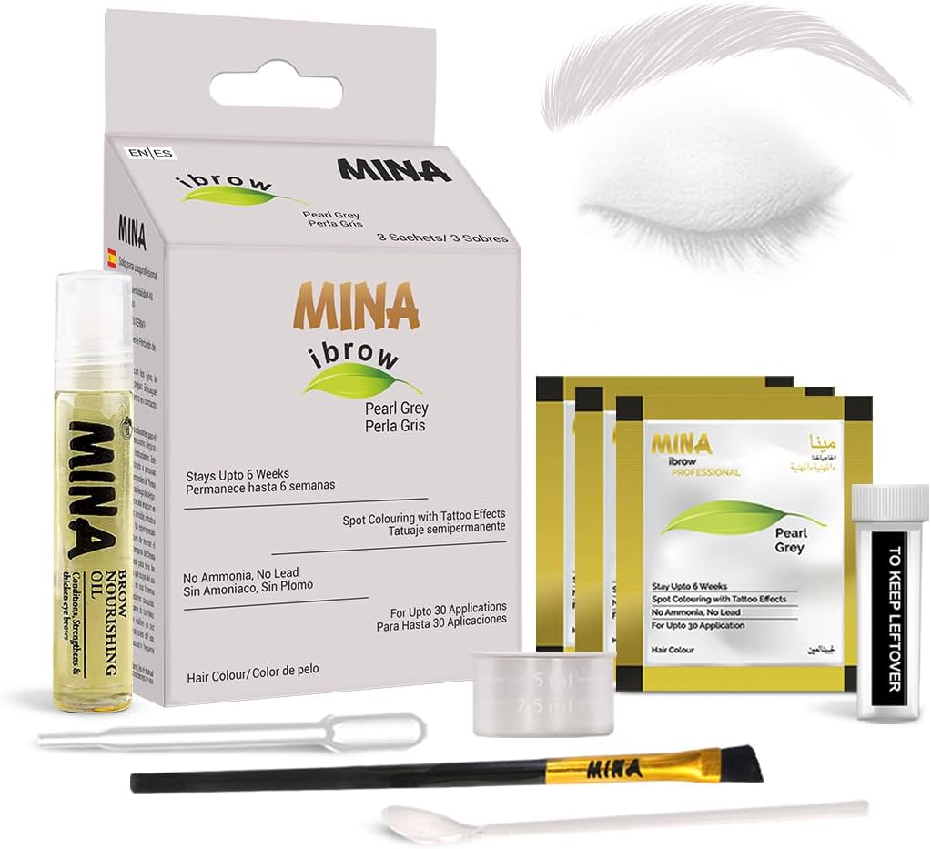Mina ibrow Hair Color|Natural Spot Coloring Hair Tinting Powder, Water and Smudge Proof | No Ammonia, No Lead with 100% Gray Converge|Vegan and Cruelty-free (Pearl Gray + Oil + Brush)