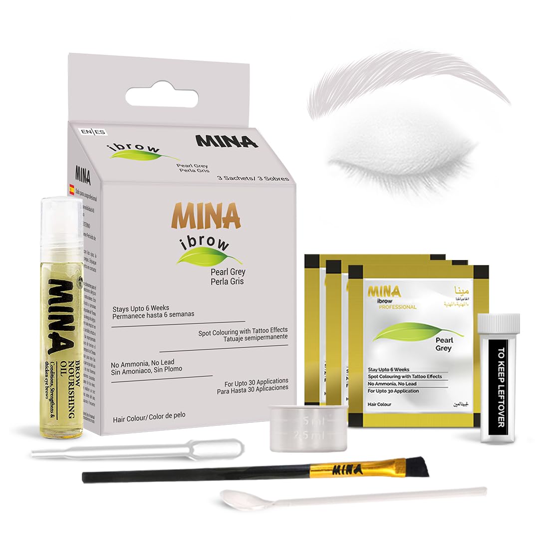 Mina ibrow Hair Color|Natural Spot Coloring Hair Tinting Powder, Water and Smudge Proof | No Ammonia, No Lead with 100% Gray Converge|Vegan and Cruelty-free (Pearl Gray + Oil + Brush)