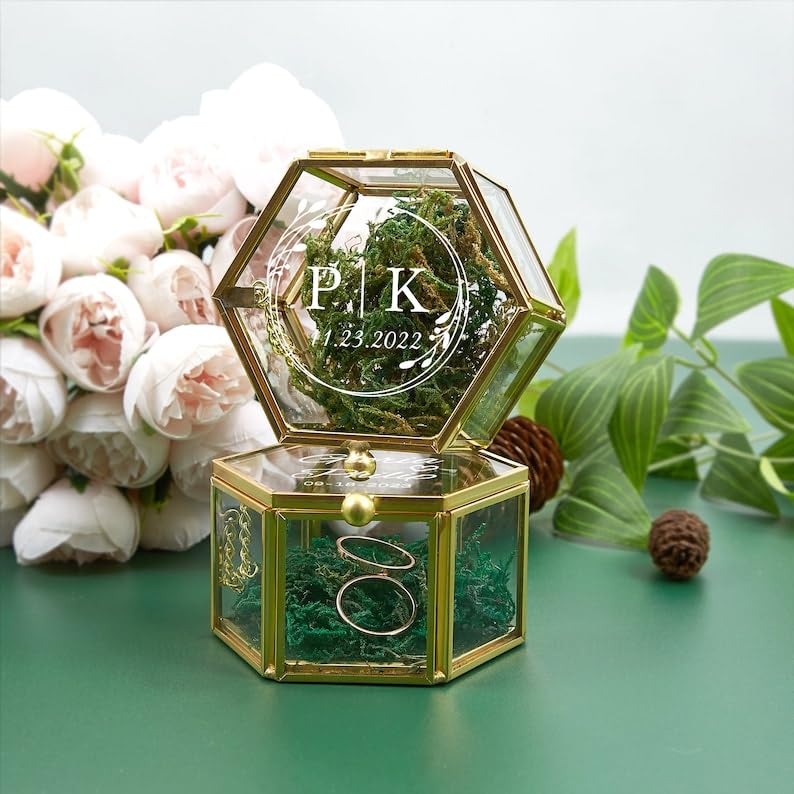Personalized Ring Box for Wedding Ceremony Custom Name Hexagon Glass Ring Box with Moss For Engagement Birthday Anniversary