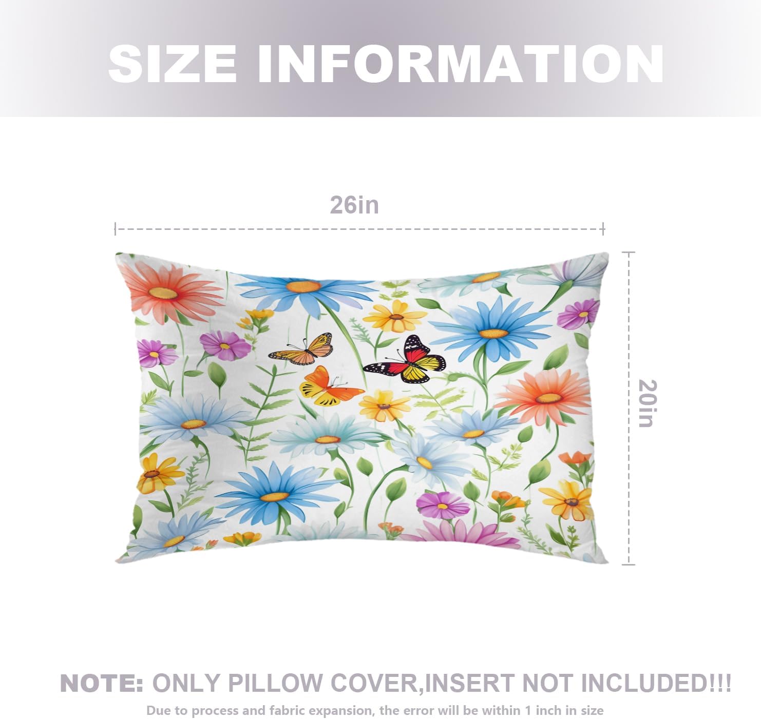 Spring Flowers Butterflies Throw Pillow Covers, Colorful Flowers with Butterflies Cushion Cover Digital Blended Hidden Zipper Decorative Pillowcases for Bedroom Lumbar 20X26 in 2 Pcs