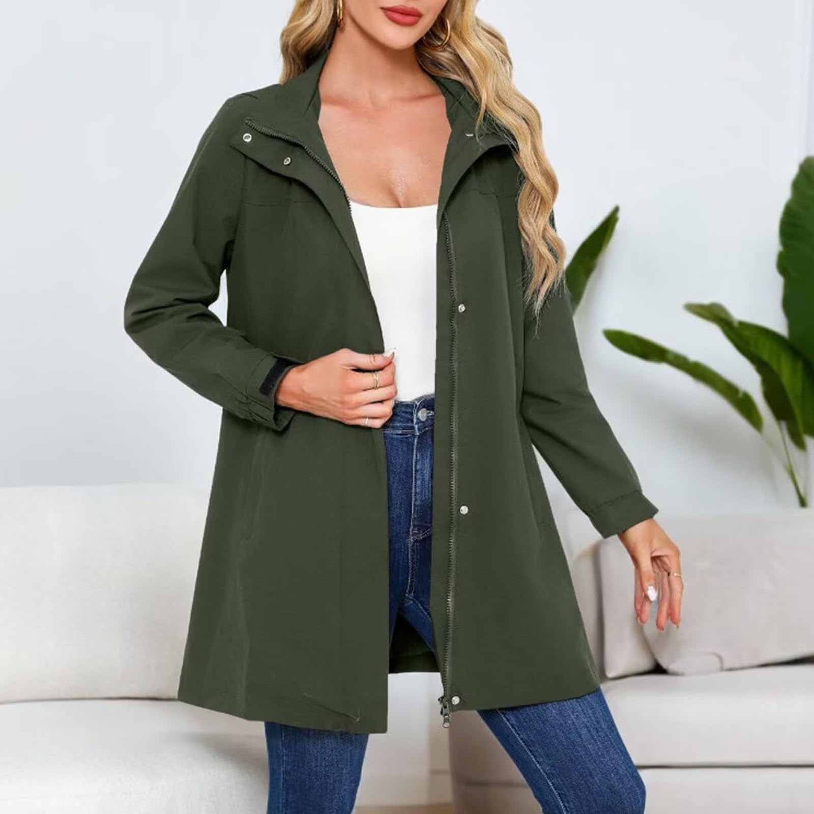 Generisch Poncho de lluvia para mujer, largo, impermeable, con capucha, transpirable, cortavientos, chaqueta de manga larga con cremallera, chaqueta ligera para el tiempo libre