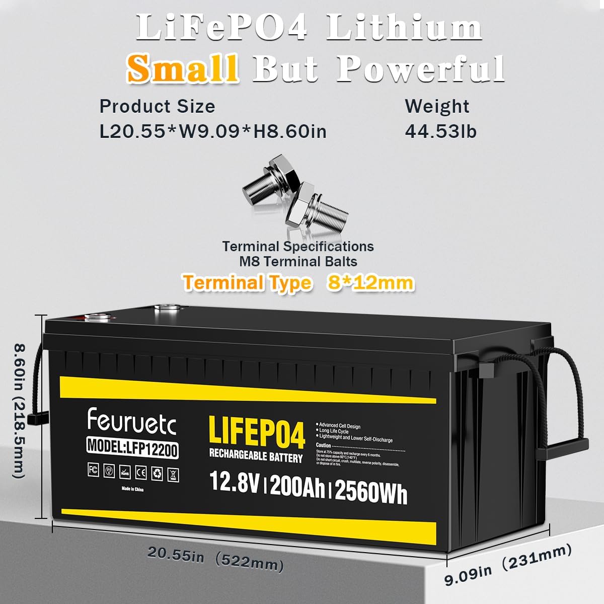 12V 200Ah Lithium LiFePO4 Battery, Built-in 200A BMS, 2560Wh Energy Storage, Iron Phosphate 8000-15000 Deep Cycles Battery for Solar, Trolling Motor, RV