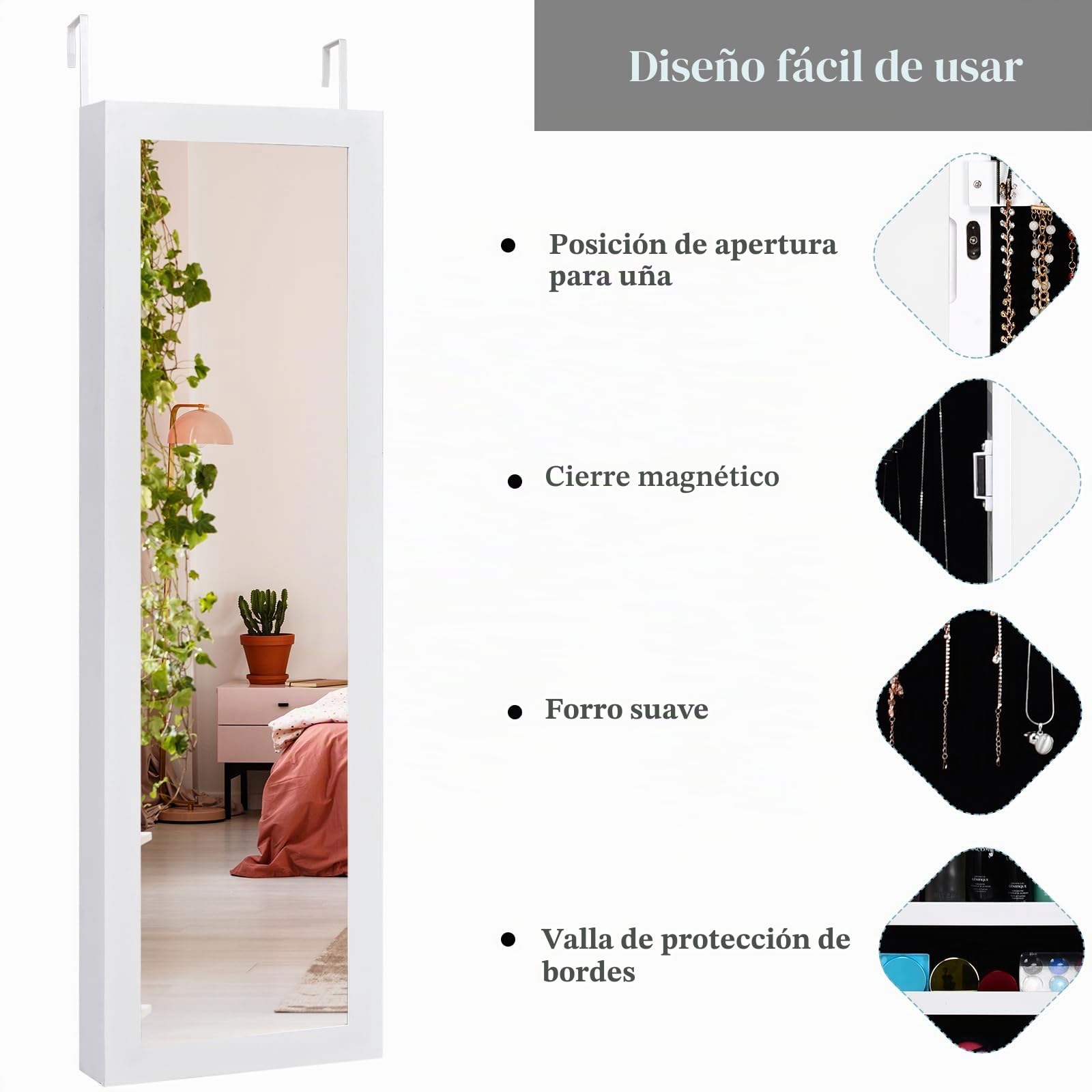 HOMASIS Espejo Joyero de Pared o Puerta Gabinete de Joyería con Espejo de Figura Completa Espejo Joyero con 2 Espejos para Maquillaje, Organizador de Joyería, Blanco,TF10821GRDE-HS