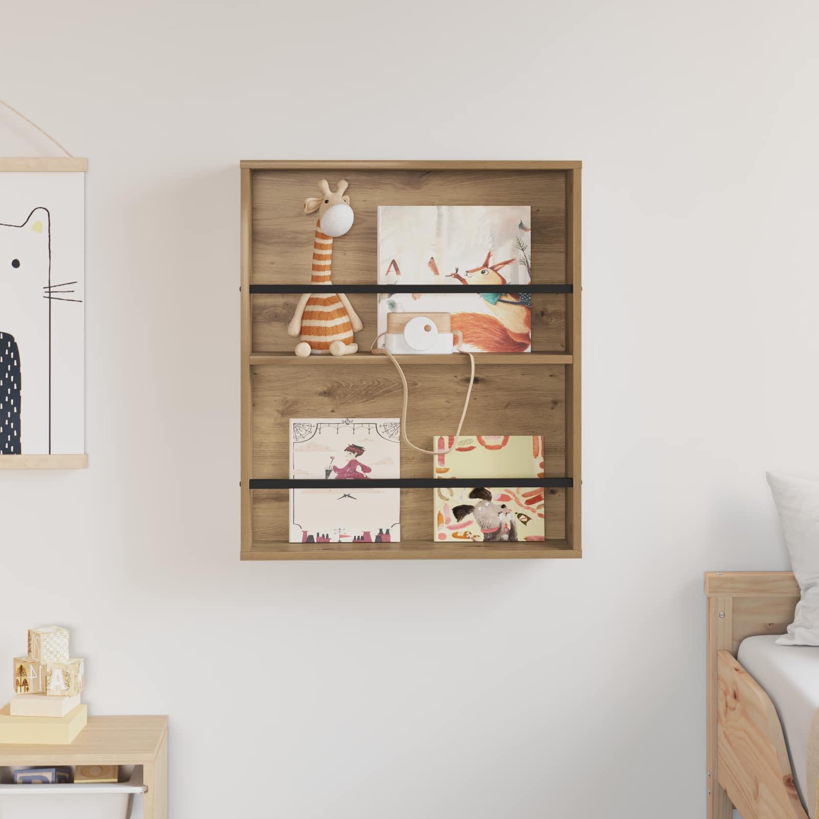 Revistero montado en la pared, roble Artisan, 60 x 12 x 70 cm, material de madera, moderno soporte para revistas para salón, oficina, pasillo, sala de espera, recepción, práctica, rincón de