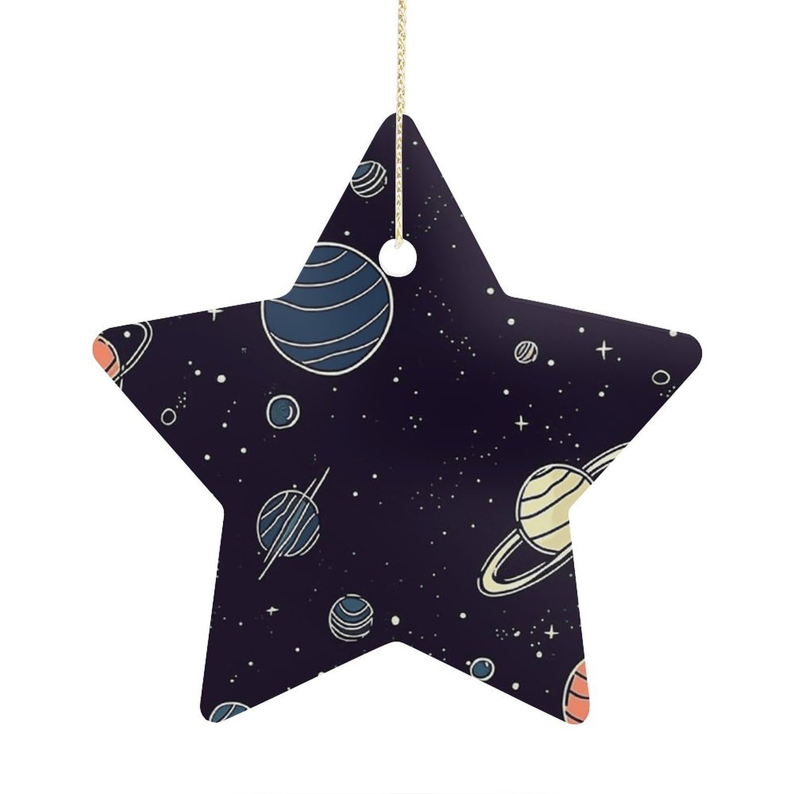 Space Planet Pattern Stars Ornaments Ceramic Christmas Tree Hanging Light in Weight Christmas Star Pendants Funny Double-Sided Printed Xmas Ornaments for Gifts