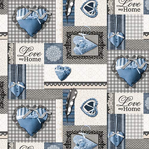 PVC Tablecloth Hearts Blue 4 Metres (400cm x 140cm), Gingham Check Patches Frames Lace Floral Linen Look Textured, Navy Ecru Sky Grey Black, Wipe Clean, Vinyl/Plastic Table Cloth