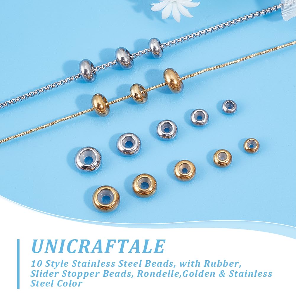 UNICRAFTALE 40 stuks roestvrijstalen en rubberen kralen, 2 kleuren, 5 maten, 6-10 mm, verstelbare schuifsluitingen met rubberen binnenkant voor het maken van armbanden