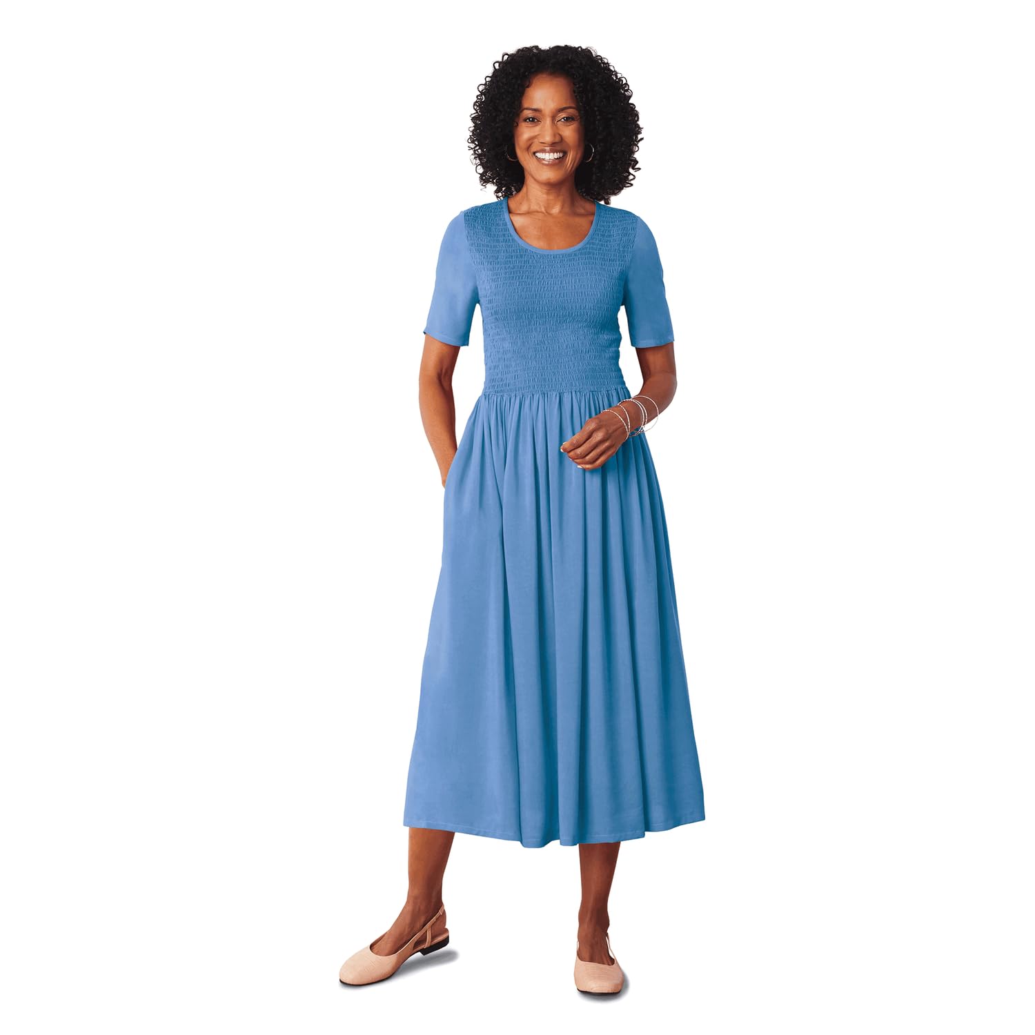 AmeriMark Smocked-Waist Dress with Elbow Sleeves and Scoop Neckline - Midi Dress with Full Gathered Skirt - Rayon Knit