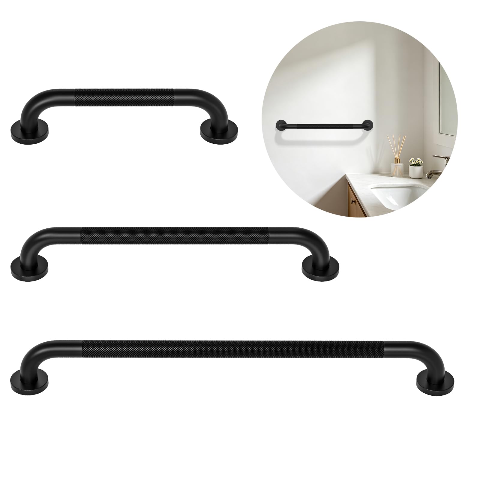 Munzong - Confezione da 3 barre antiscivolo da bagno, 40,6 cm, 61 cm, 81,3 cm, barra di bilanciamento di sicurezza nera, corrimano in acciaio inox per persone anziane
