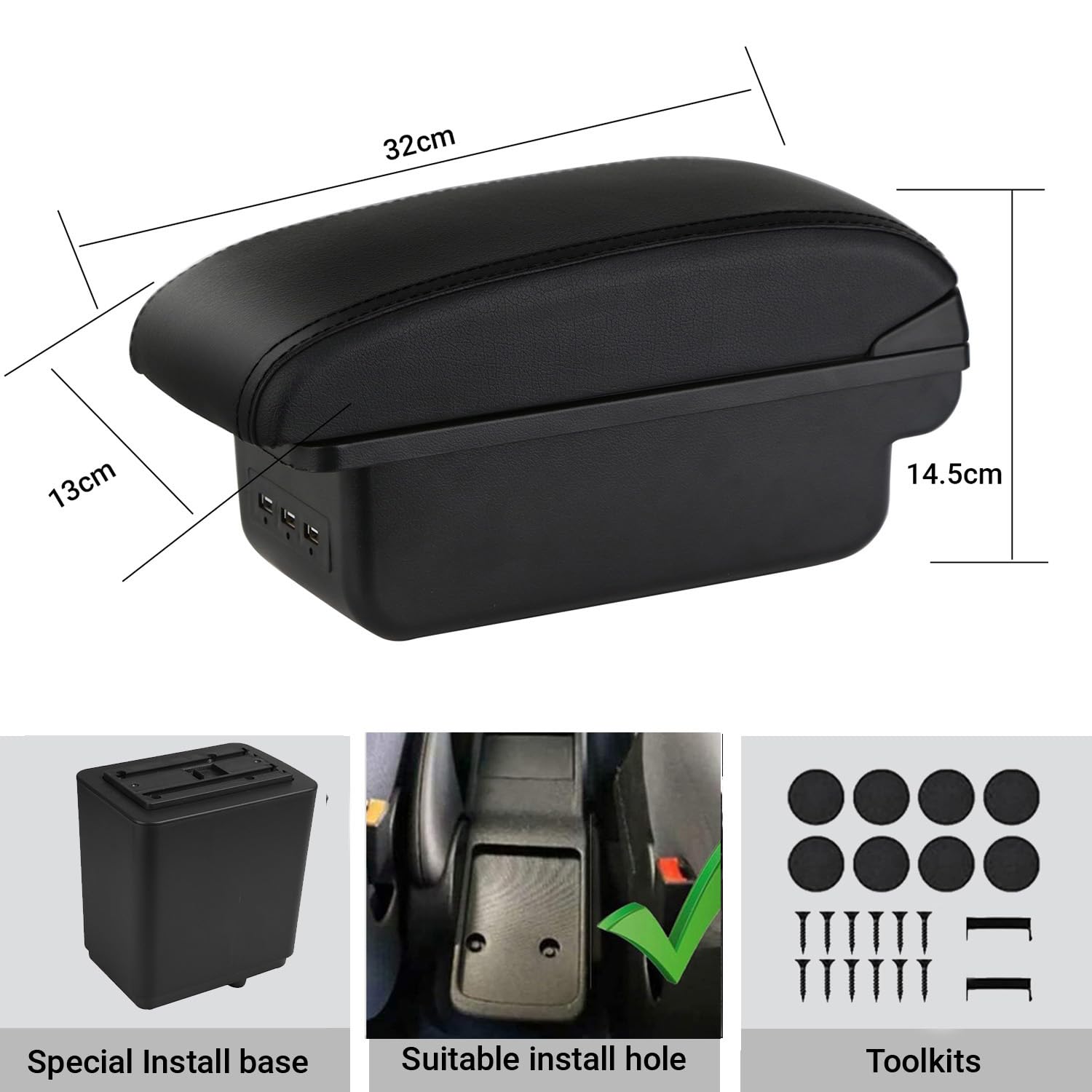 YJYWZH Coche Apoyabrazos Para Citroen Berlingo 2010-2020 Doble Capa Caja de Almacenamiento de Consola Central con 3 Puertos de Carga USB Costuras Negras