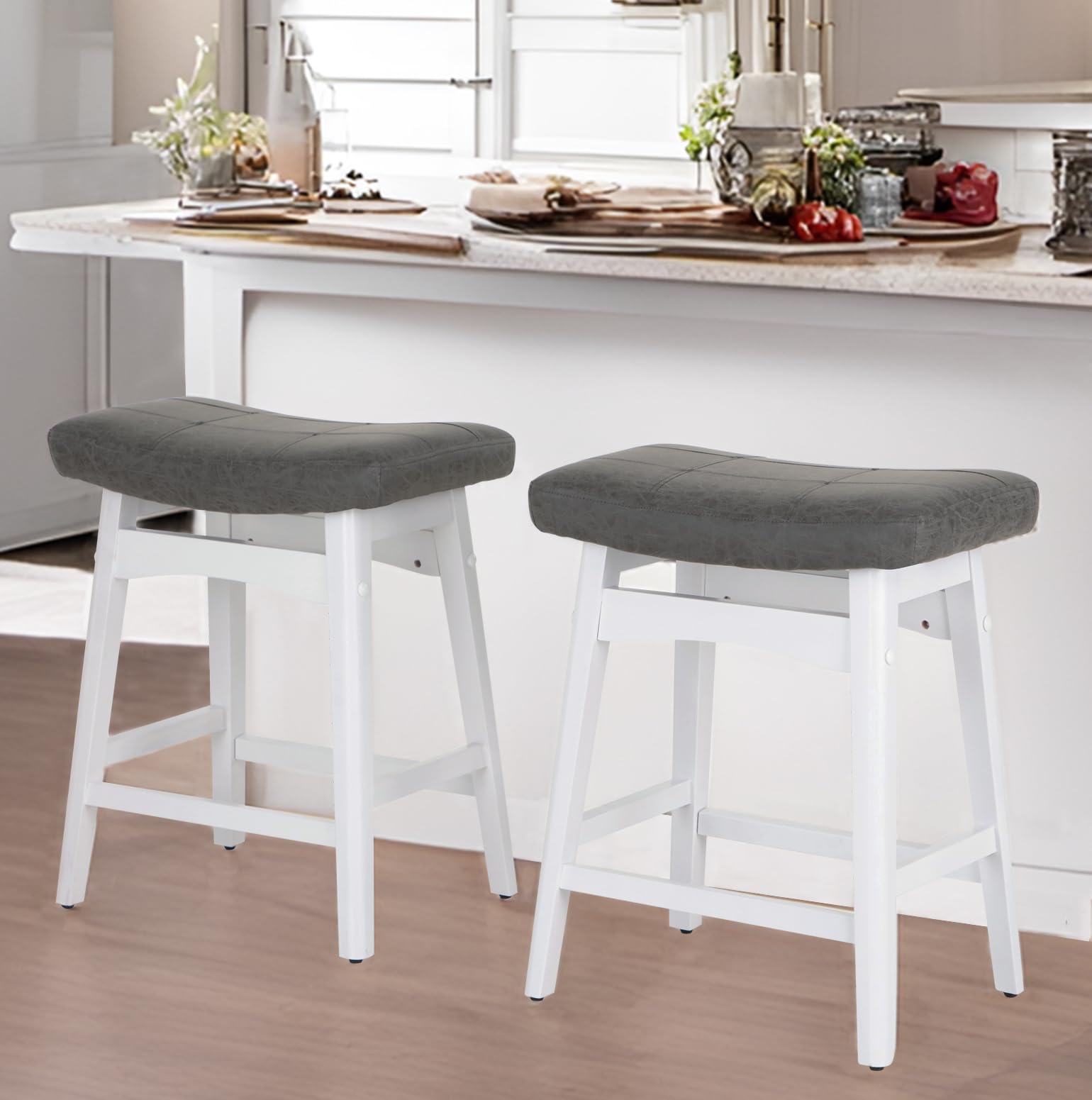 PHI VILLA Counter Height Bar Stools Set of 2 - Farmhouse Barstools with Upholstered Saddle Seat, Kitchen Counter Island Stools
