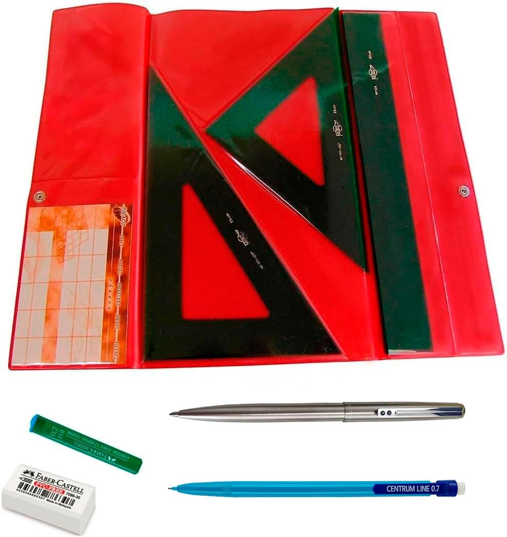 Pack FAIBO Estuche técnico Verde Regla 30 cm GRADUADA, escuadra y cartabón 25 cm SIN GRADUAR + REGALO Bolígrafo INOXCROM B77 + Portaminas HB 0,7mm + Minas 0,7mm + Goma de borrar