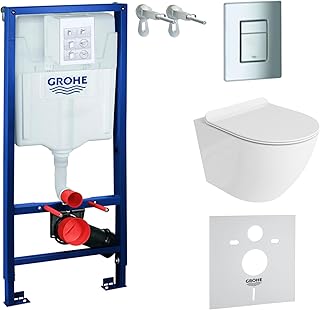Grohe Vorwandelement inkl. Drückerplatte chrom + Lavita Wand WC Sofi ohne Spülrand + WC-Sitz mit Soft-Close-Absenkautomatik + Wand-Halter-Set