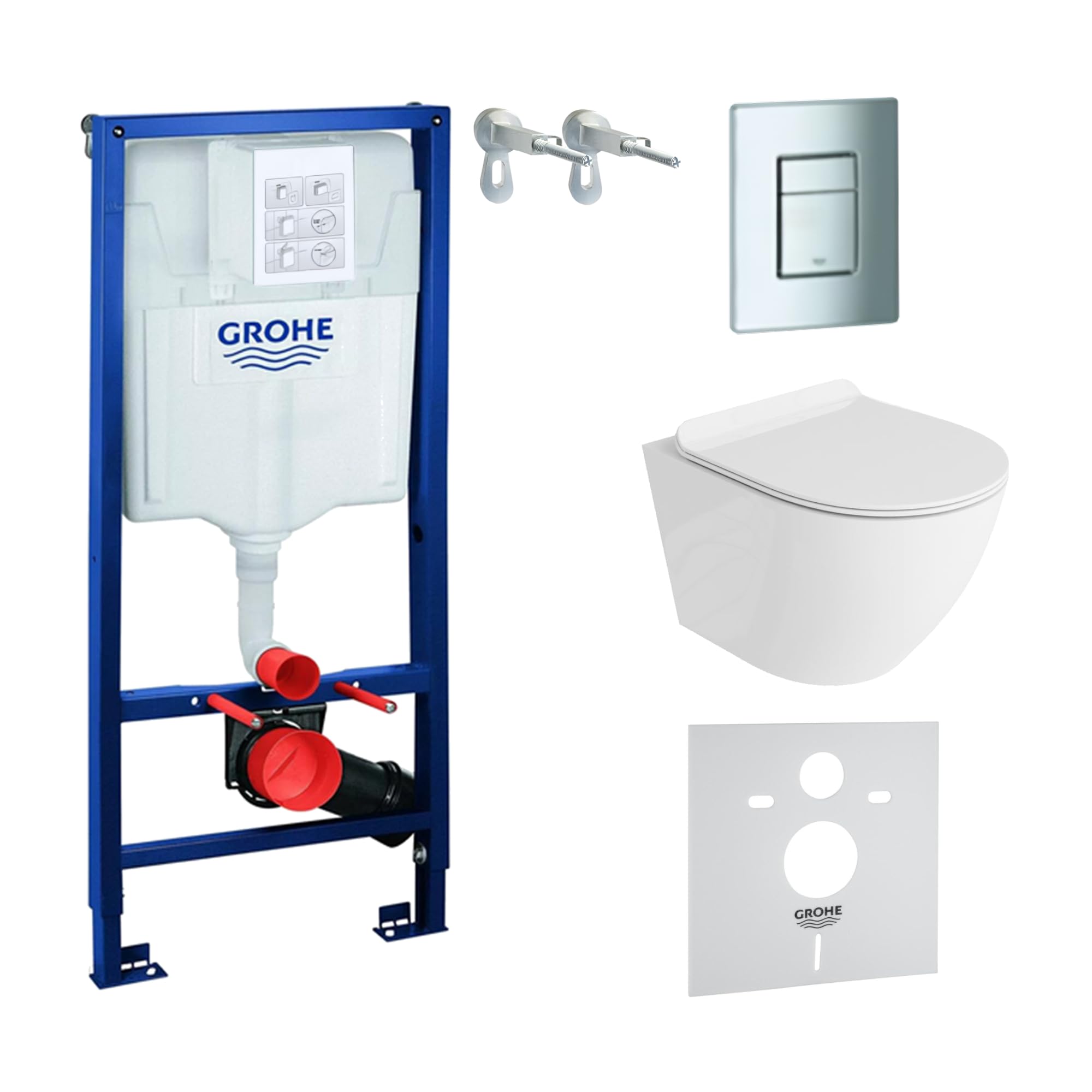 Grohe - Elemento da parete con piastra a leva cromata + lavita WC Sofi senza bordo di risciacquo + sedile WC con sistema di chiusura ammortizzata + set di supporto da parete