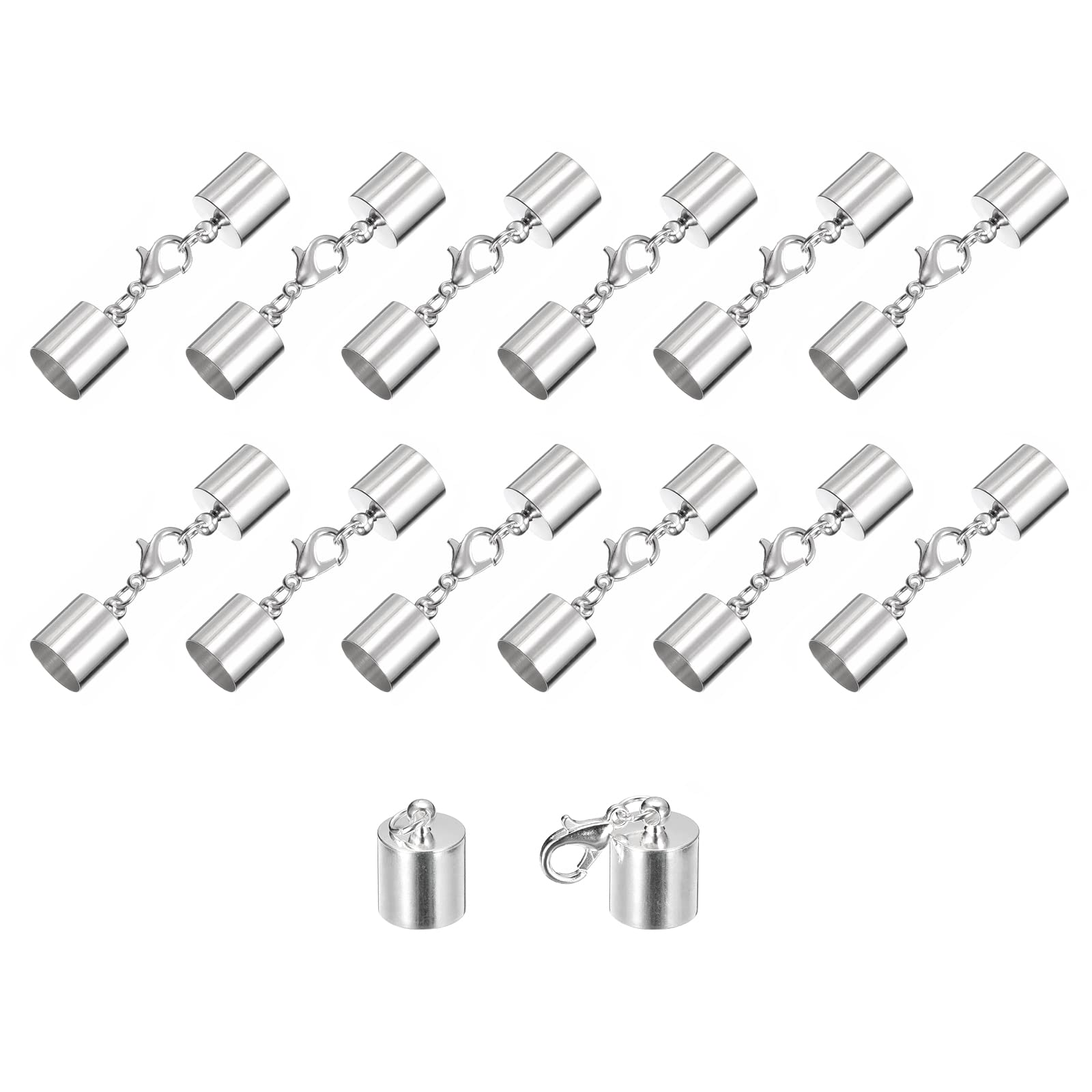 sourcing map 20Sets Leather Cord End Caps with Lobster Claw Clasps Fit 9.5mm Cords, Barrel Terminators for DIY Making Leather Bracelets, Silver Tone