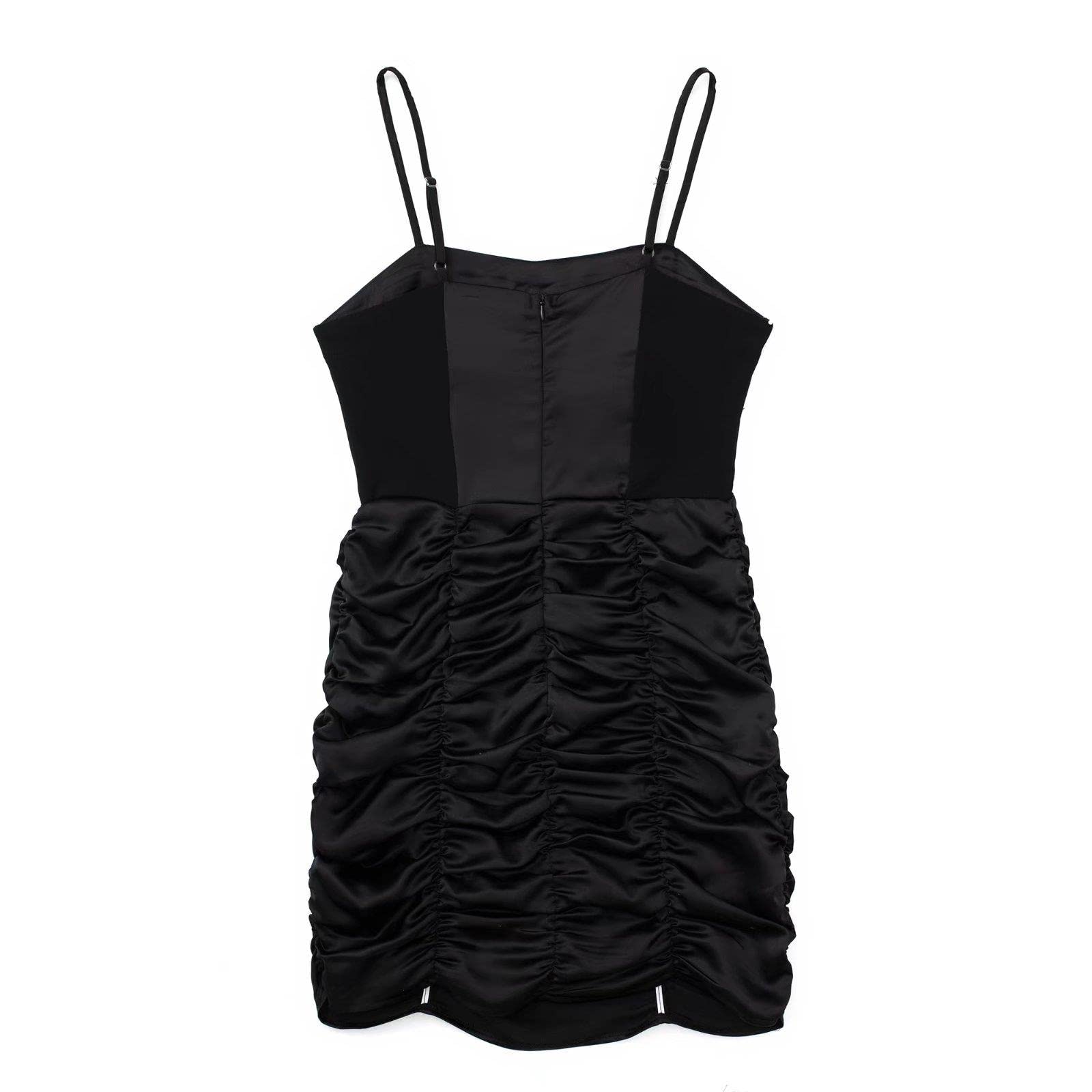 Vestido negro de moda para mujer con detalle translúcido Vestido camisola plisado corto elegante para mujer