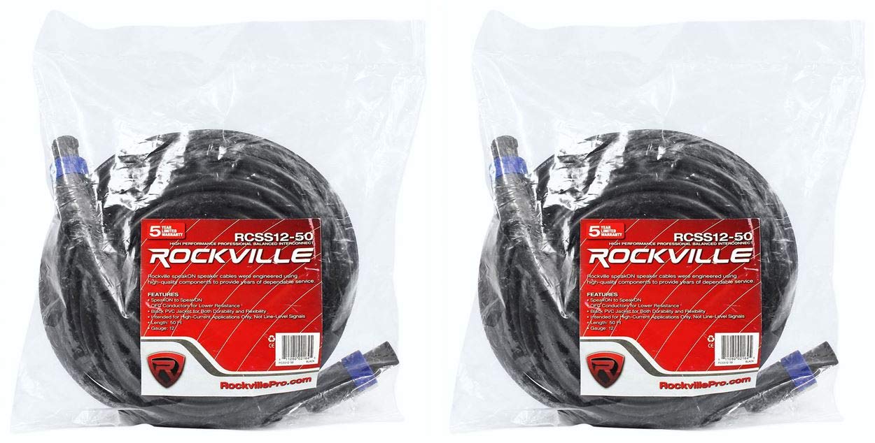 Rockville 2 RCSS1250 50' 12 AWG 100% Copper Speakon to Speakon Pro Speaker Cable