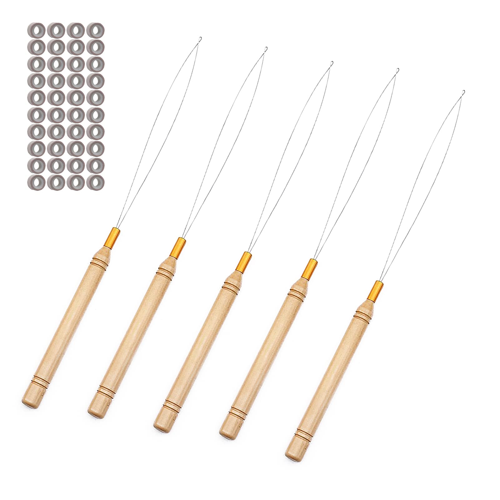 Hair Extension Loop Needle Threader, 8 Pcs Wooden Handle Pulling Hooks Tools with 100 Pcs 5mm Micro Rings Nano Beads, for Hair Styling Silicone Microlink Bead Threading Accessories Feather Extensions