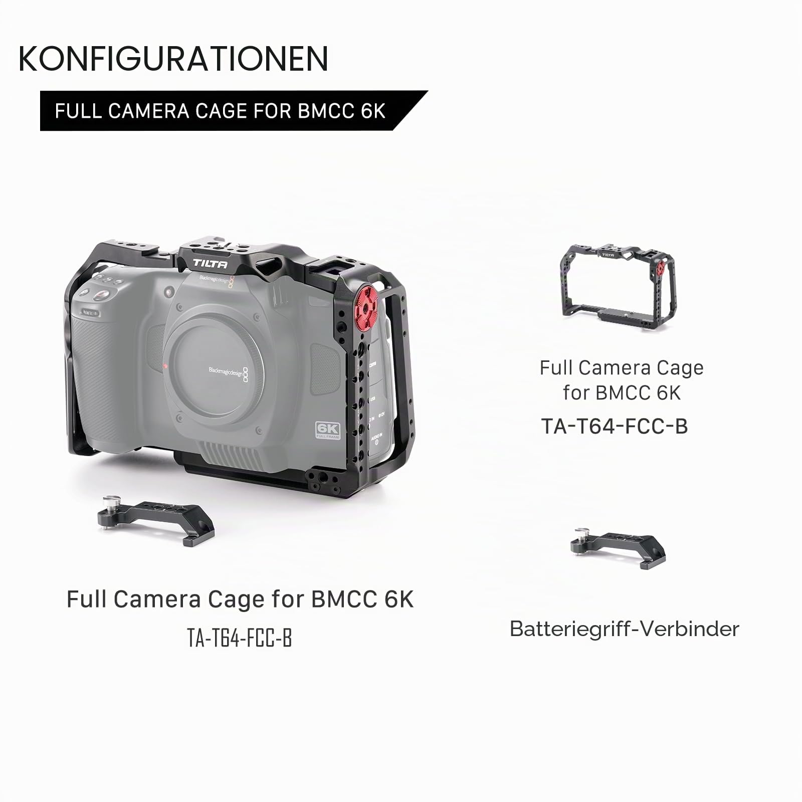 TILTA, BMCC-Käfig, vollständiger Kamerakäfig kompatibel mit BMCC 6K, Blackmagic Cinema Camera 6K mit Zubehör-Montagehalterung für Batteriegriff – Schwarz TA-T64-FCC-B