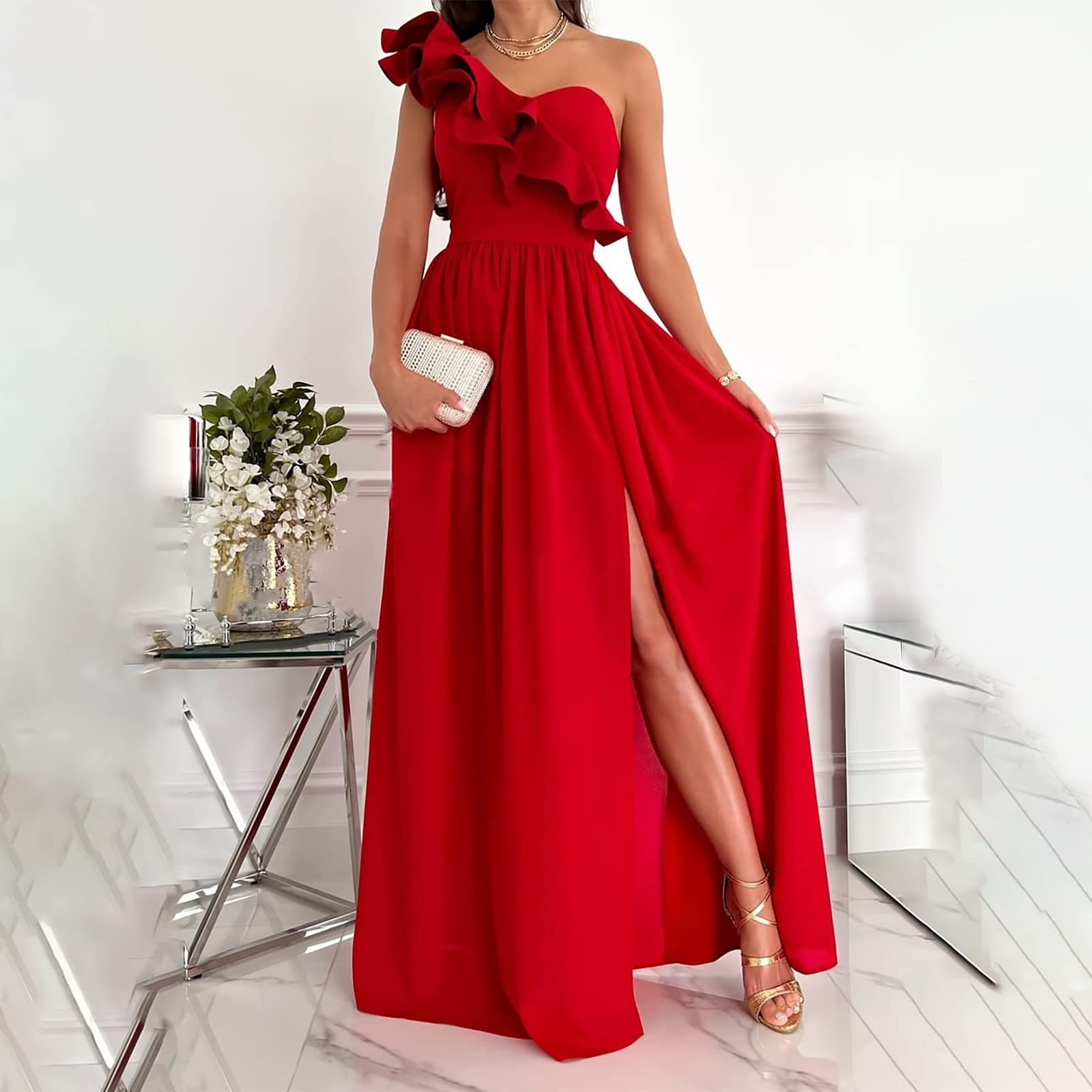 2023 Vestidos Largo Mujer Moda Color sólido Fiesta Vestido de Noche un Hombro Volante Elegante Vestidos de Cóctel sin Manga Extra Larga Casual Vestido Partido Novia Boda Vestir