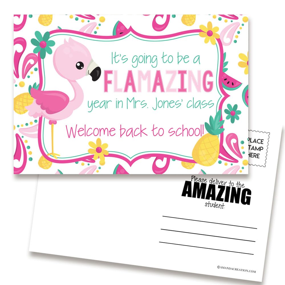 Amanda Creation Back to School Postcards Custom Flamingo Welcome Back Notes for Students, 30 4"x6" Fill In Notecards - Personalized Bulk from Teacher