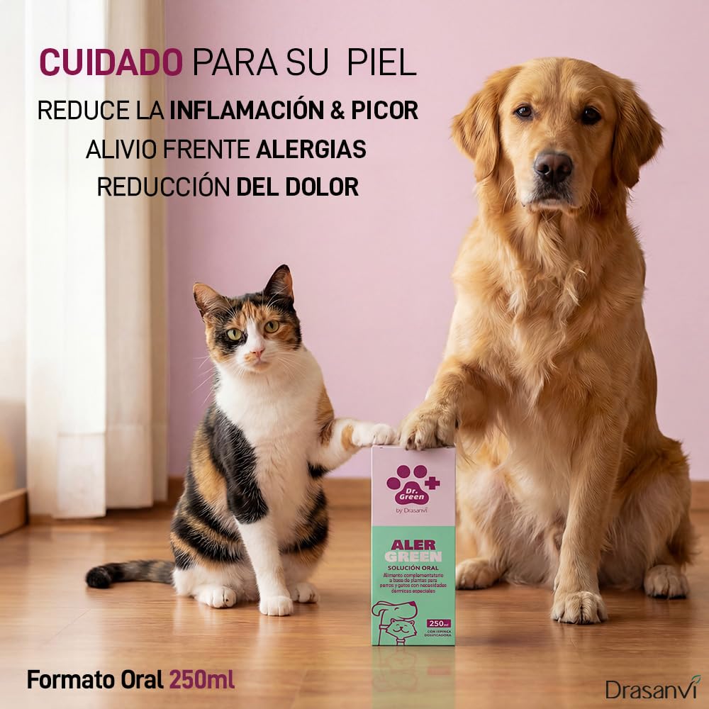 Drasanvi AlerGreen para Perros y Gatos | Solución Oral 250 ml Natural para Alergias, Picor e Inflamación | Omega 3 y 6 Quercetina y PEA | Cuidado Especial de la Piel Sensible con Jeringa Dosificadora