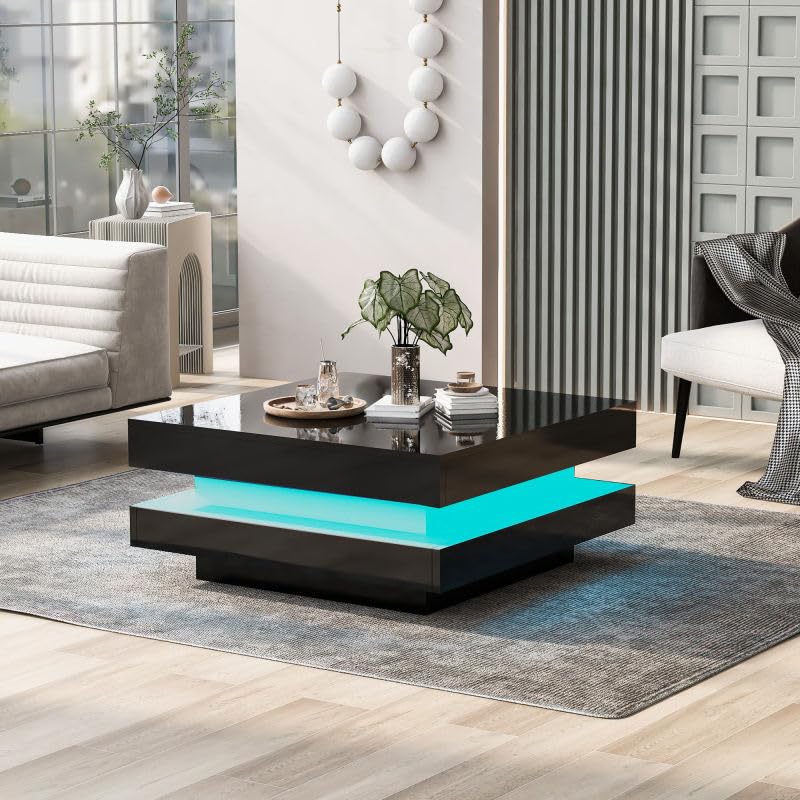 Merax Black High Gloss Coffee Table with 360° Rotating Top, Modern Square LED Coffee Table with 16-Colour RGB Lights, USB Powered, Tea Table for Living Room, 70x70x36 cm — image 1