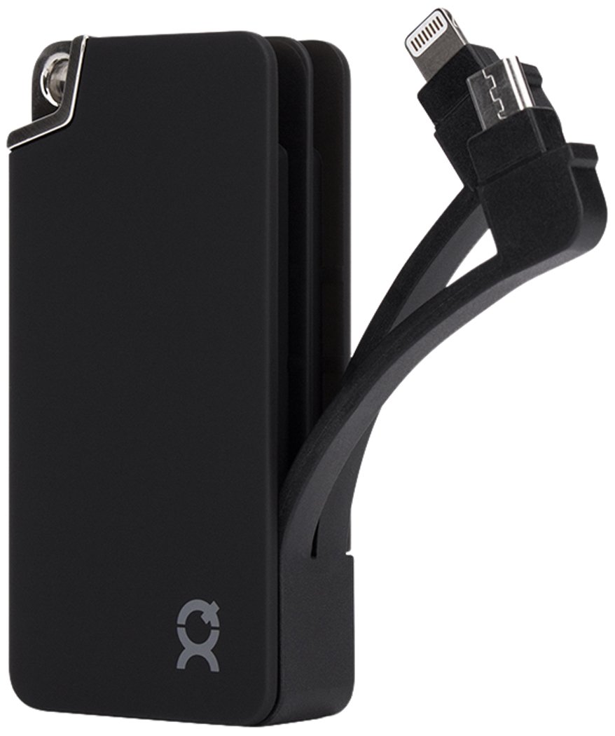 Front and back view of the Xqisit 1500mAh Power Bank, showing the input and output ports and product labels.