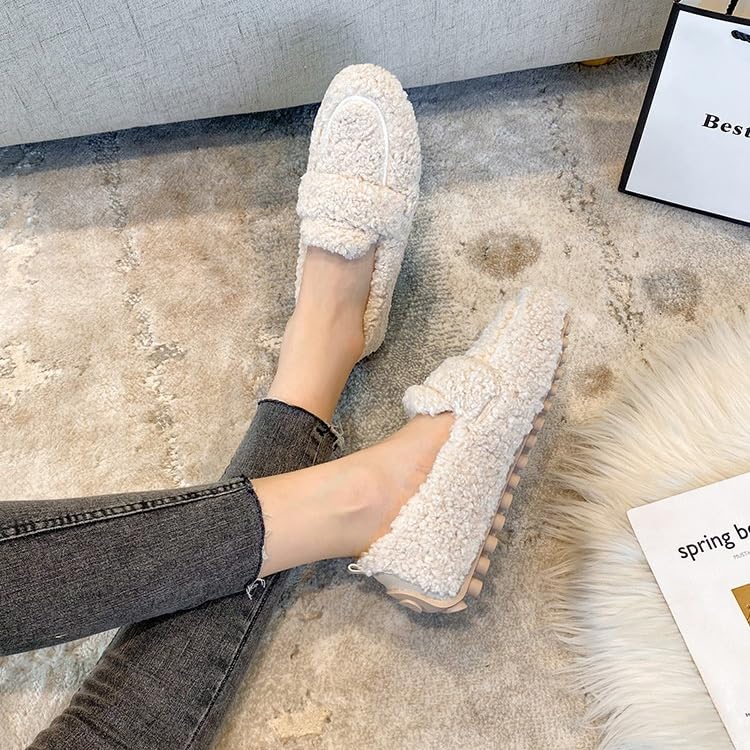 Women's Moccasin Slippers Warm Faux Fur Cozy Indoor Outdoor Moccasins Slip On Loafers Shoes for Women Fuzzy Loafers (White,6.5-7)4