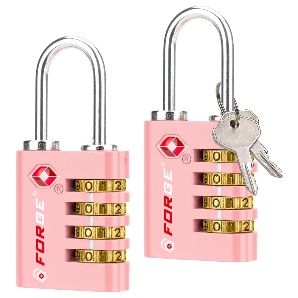 Forge Dual-Opening: Key or Combination Access Lock, TSA Approved Locks for Luggage, Pelican case, Travel, Gym, School, Stainless Steel Shackle. (Pink,