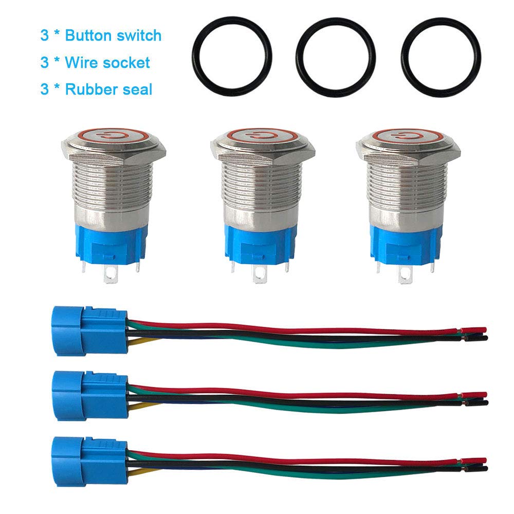 Aiqeer 2 stuks 19 mm drukschakelaars, momentane, 12 V/24 V, 5 A, drukknopschakelaar van roestvrij staal, waterdicht IP67, met voorbedrade stekker (rode led