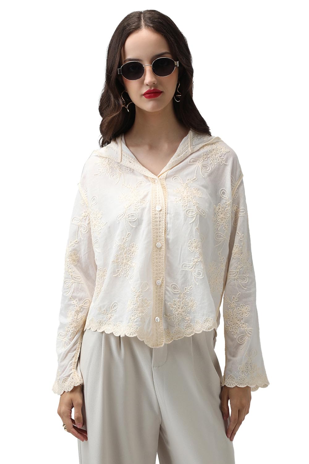 Women Embroidered Casual Shirt | Hooded Long Sleeves Cotton Shirt for Womens | Relaxed Fit Regular Shirt for Women's-image-1