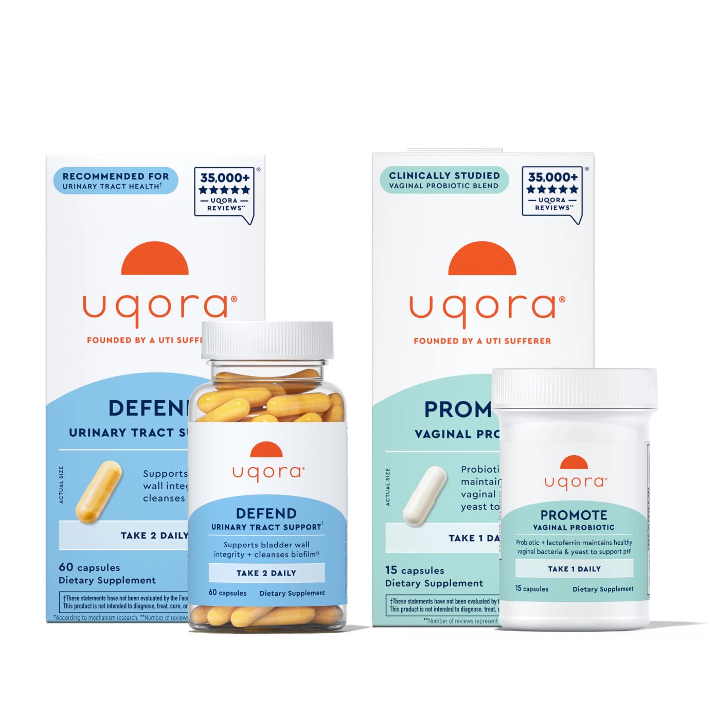 Uqora Defend & Promote - Urinary & Vaginal Health Supplement Bundle for Daily Support - Supports Vaginal Health, Bladder Wall Integrity & Cleanses Biofilm** - Easy to Consume - One-Month Supply