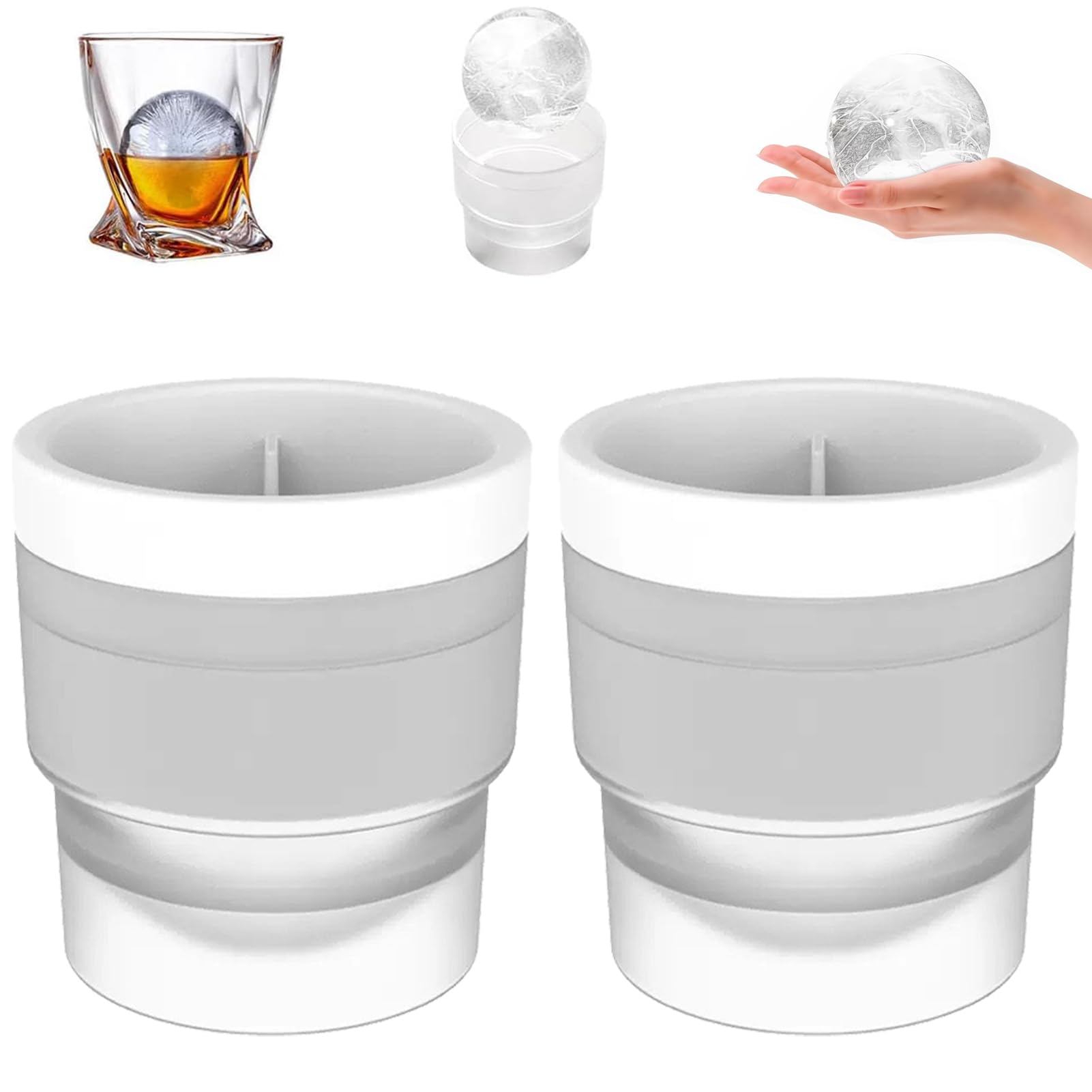Chiclify Ice Ball Molds, 2.5inch Reusable Silicone Large DIY Round Ice Cube Mold, Round Ice Cube Mold with Lids, Stackable Easy-Release Silicone Ice Balls Maker Mold for All Drinks (2, Gray)