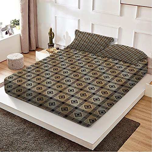 Art Deco Theme King Bedding Fitted Sheet,Castellated Diamonds Pattern,Decorative Printed 3 Piece Bedding Decor Set,Super Soft Breathable Comfortable Fitted Bed Sheets(Dark Brown) #TOP1
