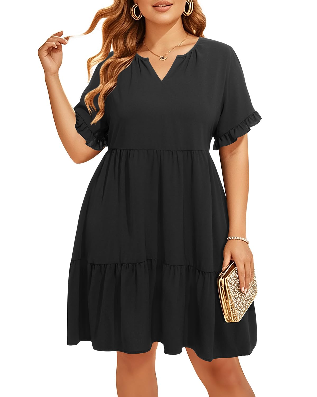 Pinup Fashion Plus Size Summer Babydoll Tiered Casual V-Neck Short Dress