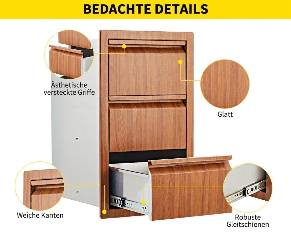 3 Schubladen Outdoor Küchenschrank aus Edelstahl – Schubladenschrank für Grillstation, Kücheninsel, Terrasse und Garten, Aufbewahrungsschrank für Außenküche, Balkon und Camping