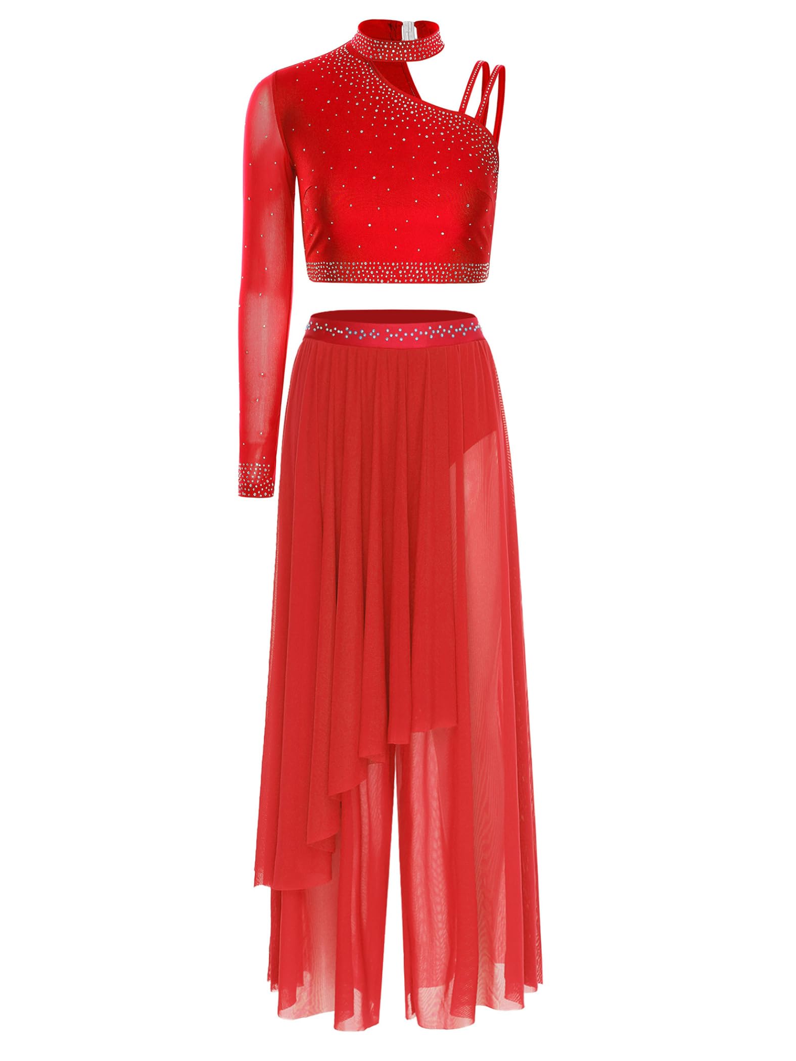 Traje Lírico Dos Piezas Mujer Atuendo Baile Ballet Top Recortado Con Encaje Hombro Asimétrico Y Pantalón Rojo M