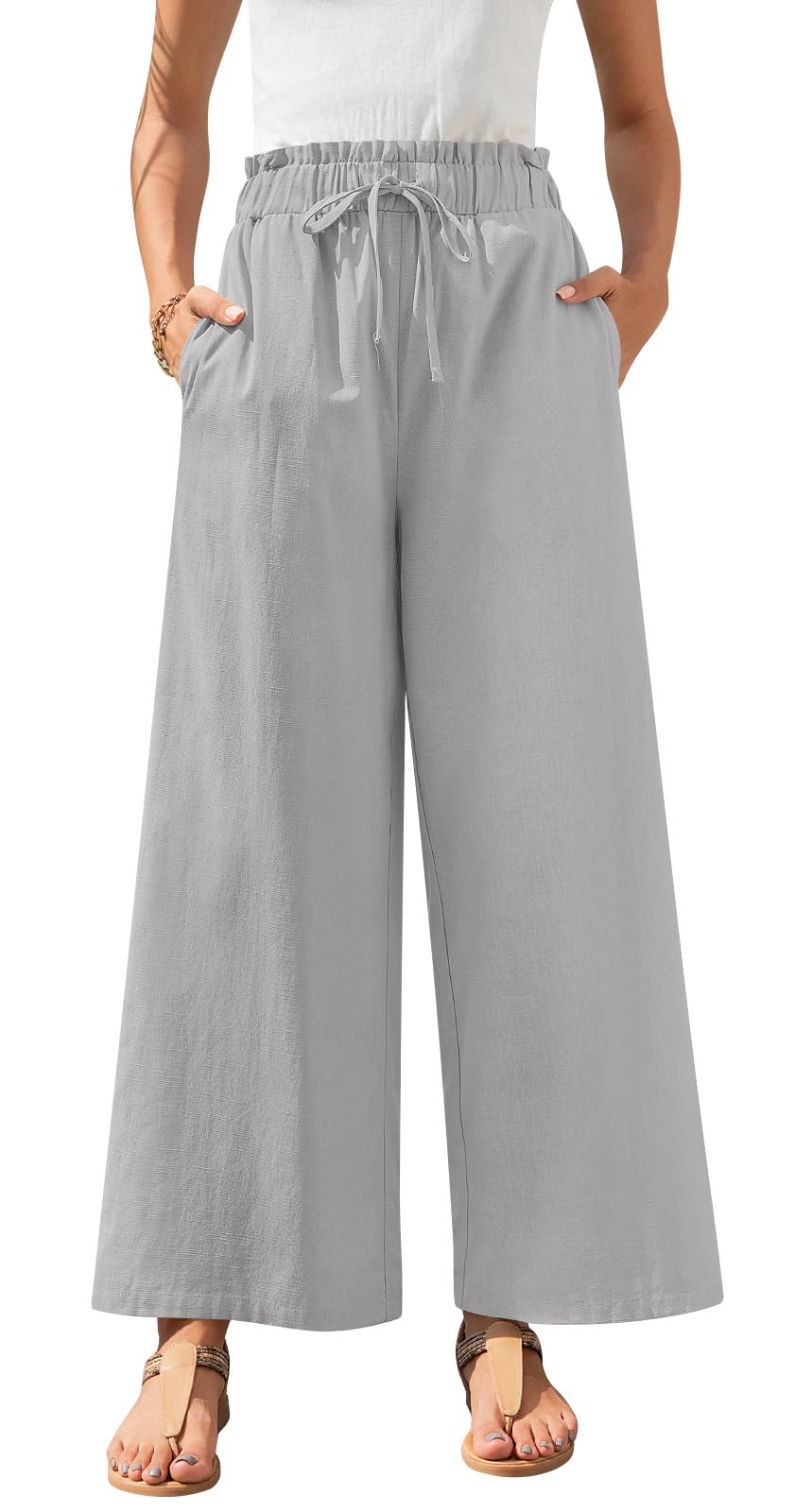 Anyally Womens Linen Summer Palazzo Pants Casual Flowy Wide Leg Drawstring High Waist Beach Trousers with Pockets