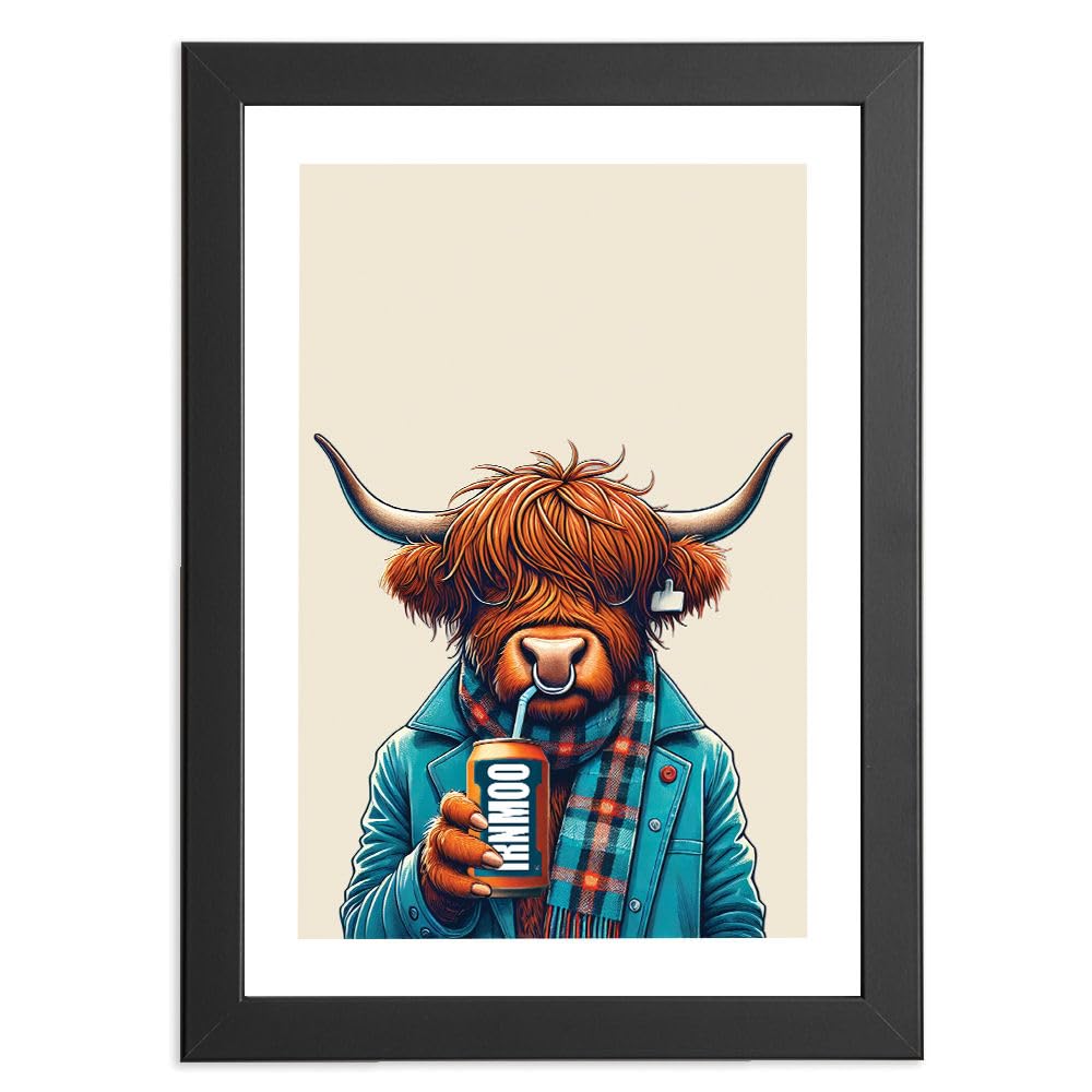 Highland Cow Print Artwork | Irn Moo | Framed Picture or Unframed in A5, A4, A3 | Modern Animals Country Wall Art | Vibrant Matte Finish Artwork for Home Decor | Modern Highland Cow Gifts