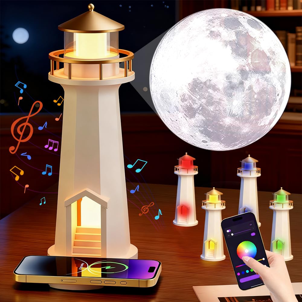 RIRIDAMAI Lighthouse Decoration with Light, LED Moonlight Projector Lamp, Dimmable, Rechargeable, Wireless Charging of Mobile Phones, Music Bluetooth, for Bedroom, Party, Playroom, Lighthouse Lamps