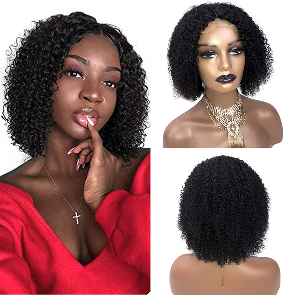 T Part Lace Front Wigs Human Hair Brazilian Kinky Curly Lace Closure Human Hair Wigs for Black Women Pre Plucked with Baby Hair Natural Black (Natural Black, 10 Inch)