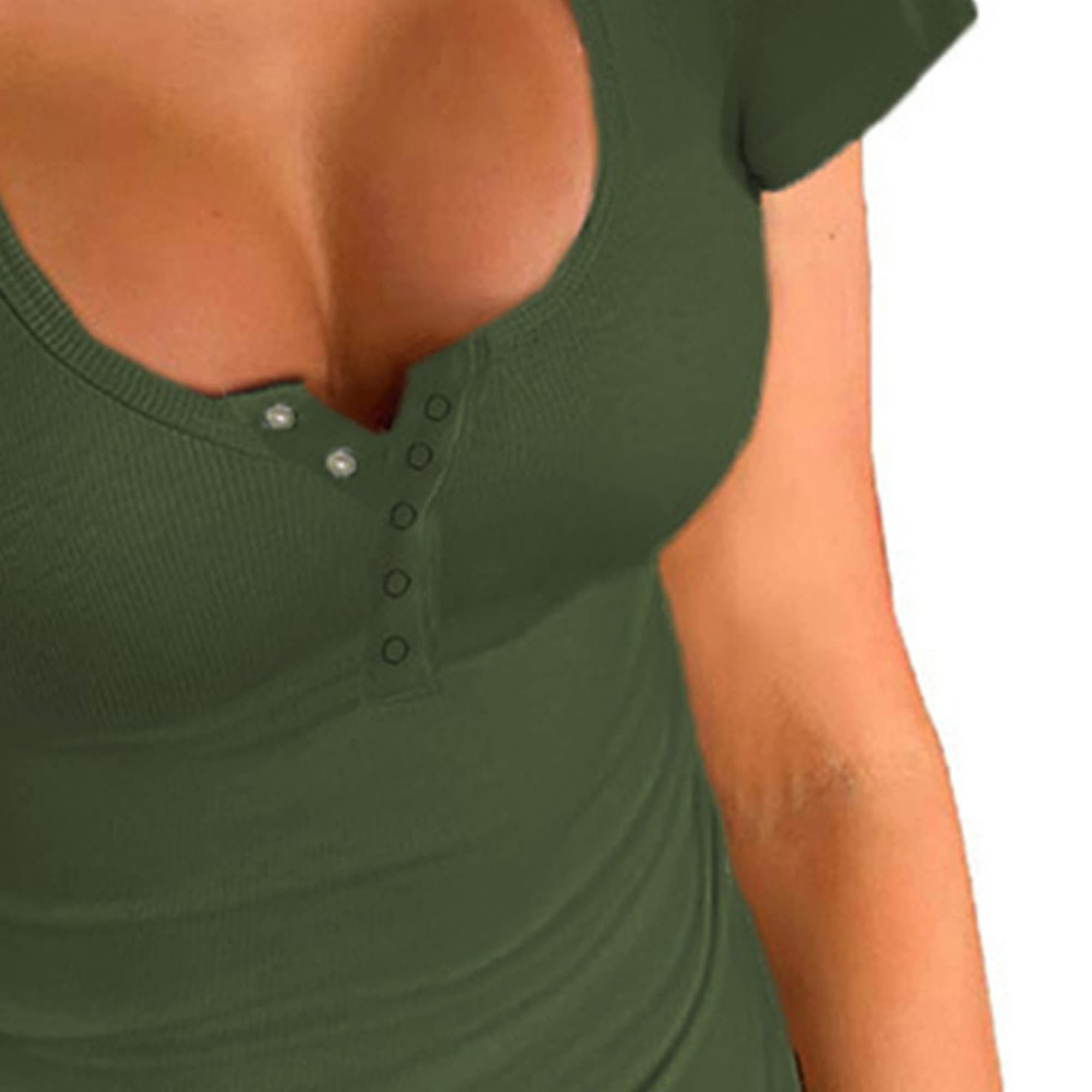 Generic Women's Short Sleeve U Neck Tops Casual Ribbed Knit Basic Pullover Blouse Slim Fit Solid Yoga Gym T Shirt Tops (3X-Large,Green)