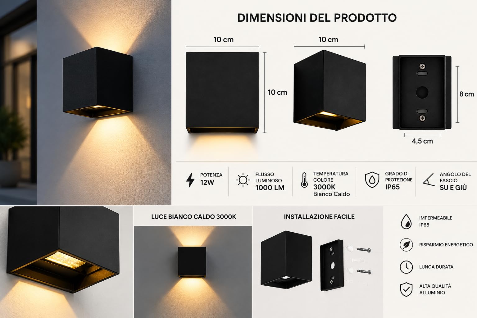 Set 4 Pezzi Applique da Parete Esterno e Interno 12W LED, Lampada da Parete Moderna IP65 Impermeabile, Angolo del Fascio Regolabile Su e Giù, Luce 3000K Bianco Caldo, Applique per Giardino Corridoio