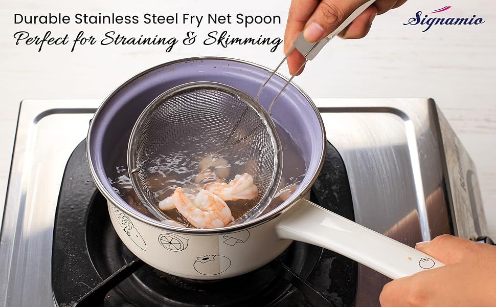 Image of Signamio Diameter 14 cm Stainless Steel Deep Fry Net Spoon Oil Strainer for Kitchen - Frying Spoon for Puri & Poori Strainer Kitchen Utensil for Frying, Cooking & Straining Tool Wood Handle